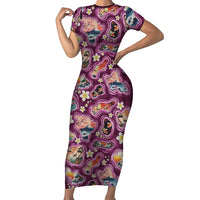 Hawaii Islands Map Design with Japanese Landscape Family Matching Short Sleeve Bodycon Dress and Hawaiian Shirt Hawaiian Japan Fusion Art Pink Color