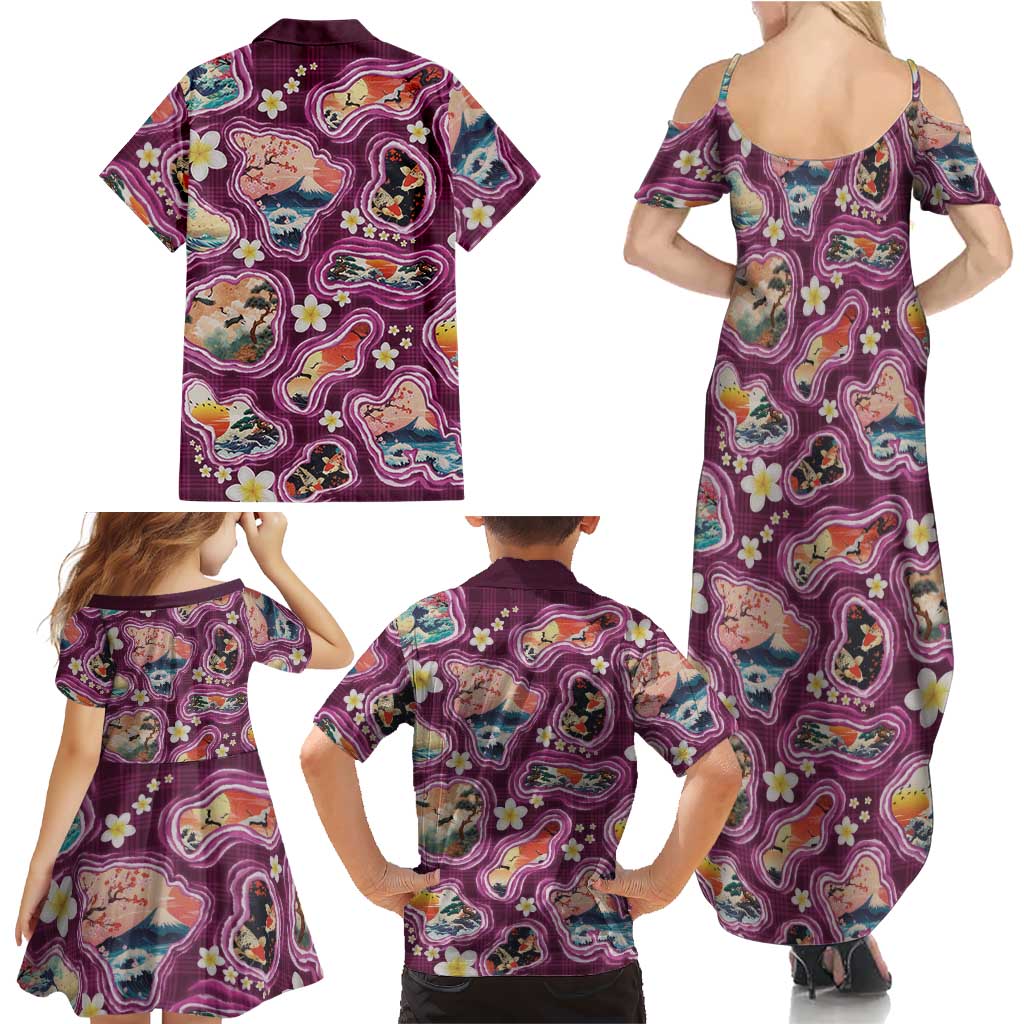 Hawaii Islands Map Design with Japanese Landscape Family Matching Summer Maxi Dress and Hawaiian Shirt Hawaiian Japan Fusion Art Pink Color