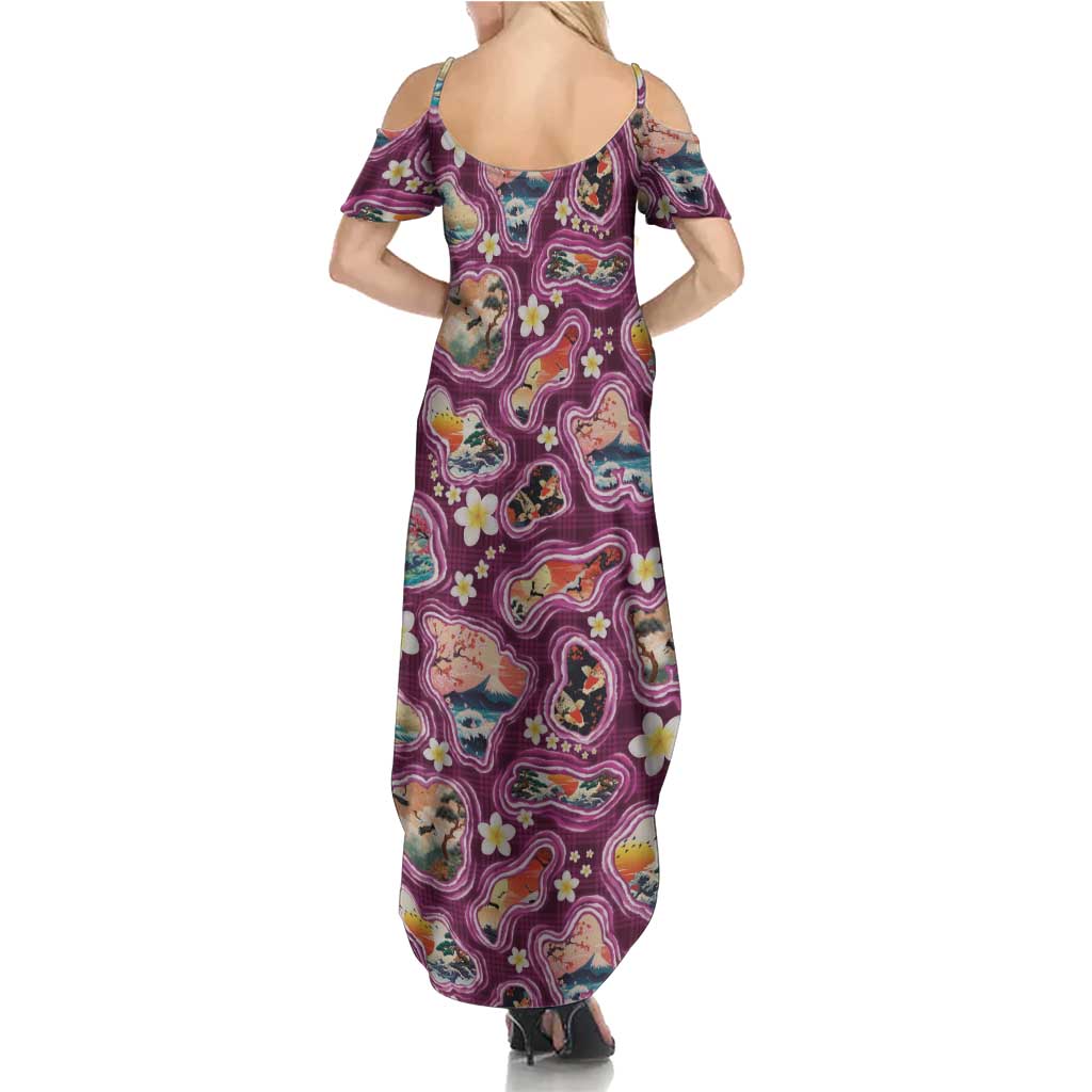 Hawaii Islands Map Design with Japanese Landscape Family Matching Summer Maxi Dress and Hawaiian Shirt Hawaiian Japan Fusion Art Pink Color