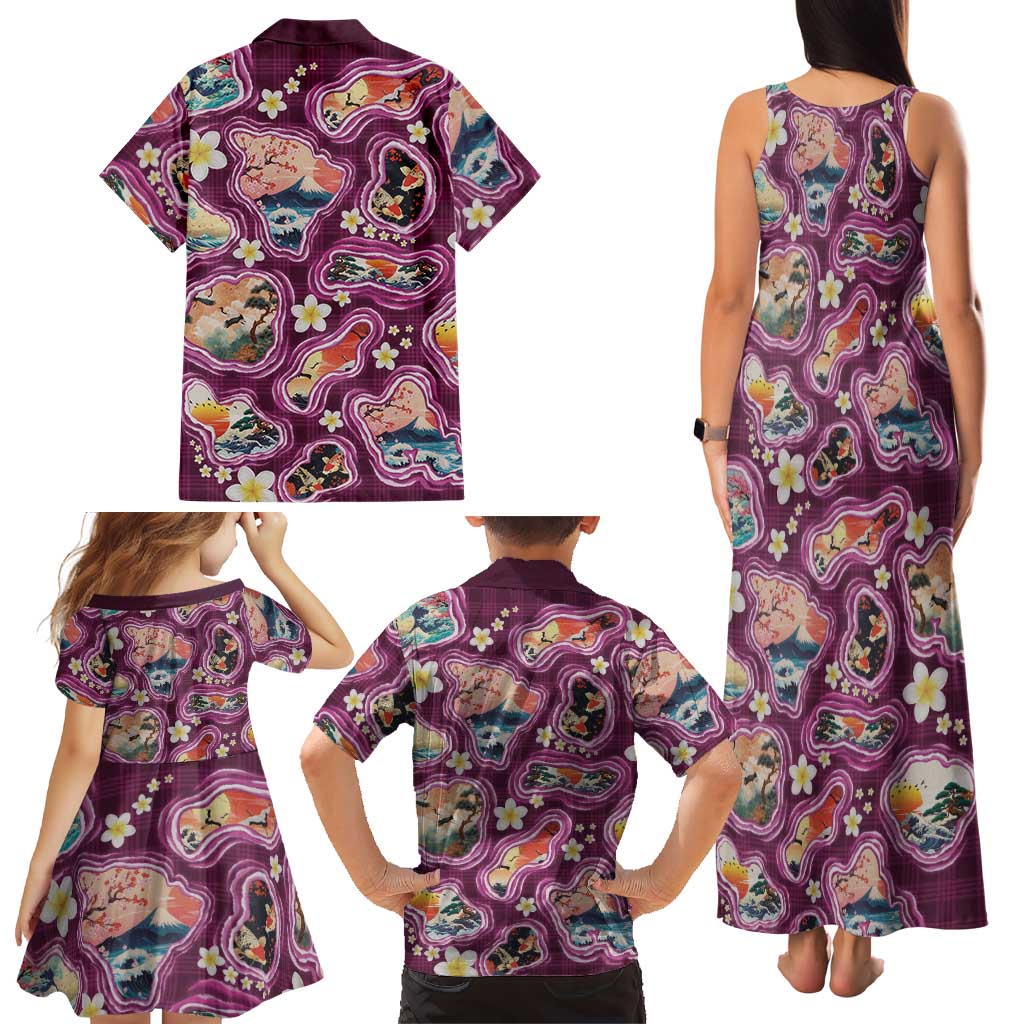 Hawaii Islands Map Design with Japanese Landscape Family Matching Tank Maxi Dress and Hawaiian Shirt Hawaiian Japan Fusion Art Pink Color