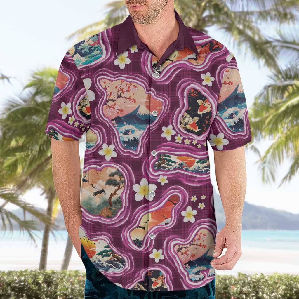 Hawaii Islands Map Design with Japanese Landscape Hawaiian Shirt Hawaiian Japan Fusion Art Pink Color