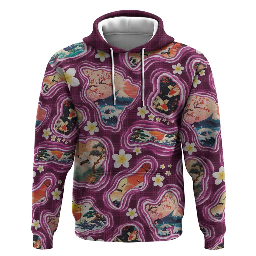 Hawaii Islands Map Design with Japanese Landscape Hoodie Hawaiian Japan Fusion Art Pink Color