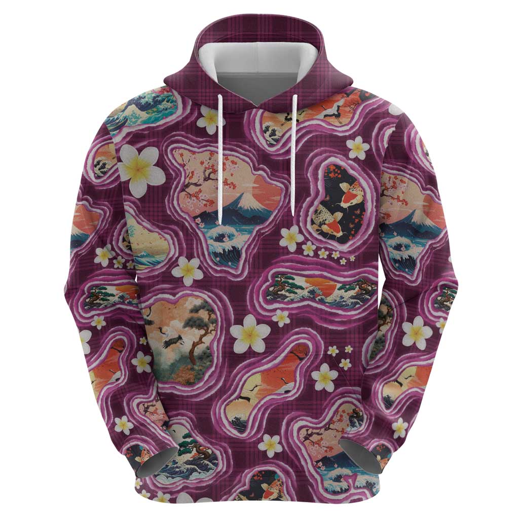 Hawaii Islands Map Design with Japanese Landscape Hoodie Hawaiian Japan Fusion Art Pink Color