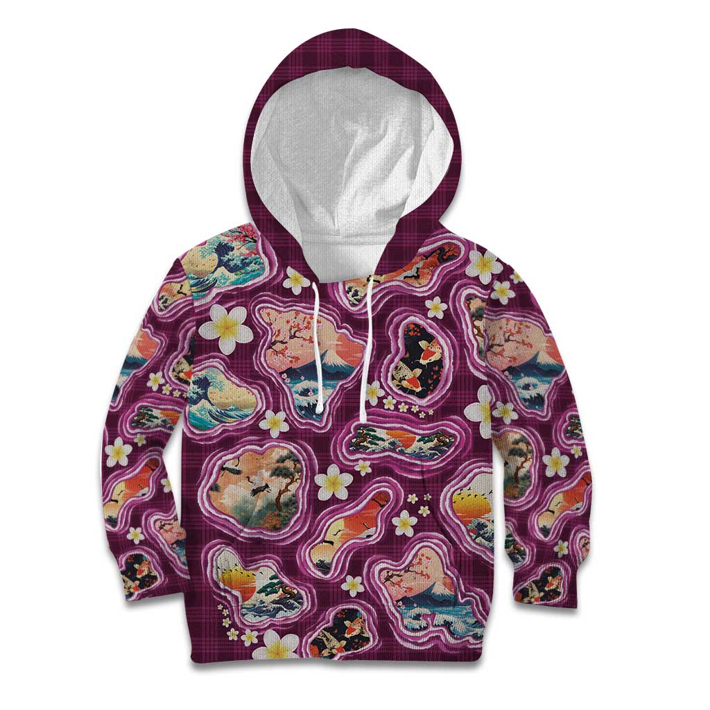 Hawaii Islands Map Design with Japanese Landscape Kid Hoodie Hawaiian Japan Fusion Art Pink Color
