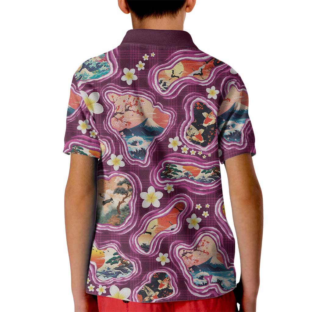 Hawaii Islands Map Design with Japanese Landscape Kid Polo Shirt Hawaiian Japan Fusion Art Pink Color