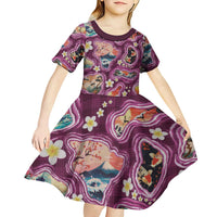 Hawaii Islands Map Design with Japanese Landscape Kid Short Sleeve Dress Hawaiian Japan Fusion Art Pink Color