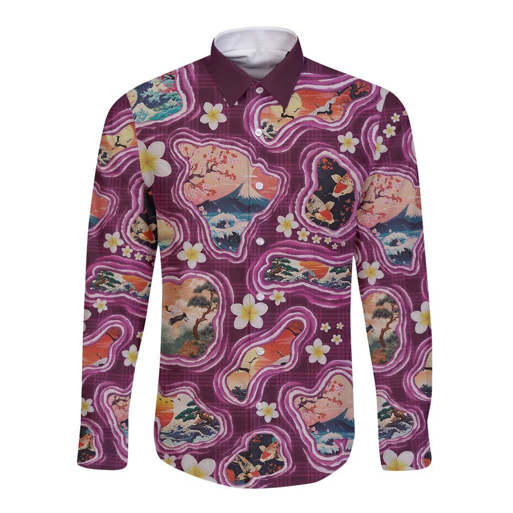 Hawaii Islands Map Design with Japanese Landscape Long Sleeve Button Shirt Hawaiian Japan Fusion Art Pink Color