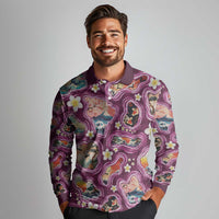 Hawaii Islands Map Design with Japanese Landscape Long Sleeve Polo Shirt Hawaiian Japan Fusion Art Pink Color