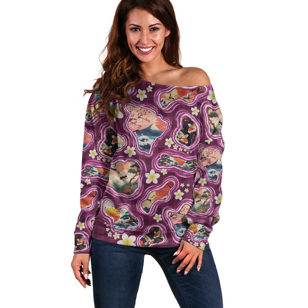 Hawaii Islands Map Design with Japanese Landscape Off Shoulder Sweater Hawaiian Japan Fusion Art Pink Color