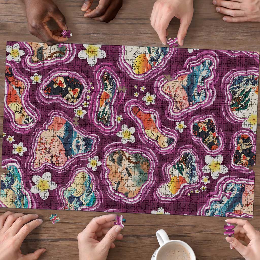 Hawaii Islands Map Design with Japanese Landscape Puzzle Hawaiian Japan Fusion Art Pink Color