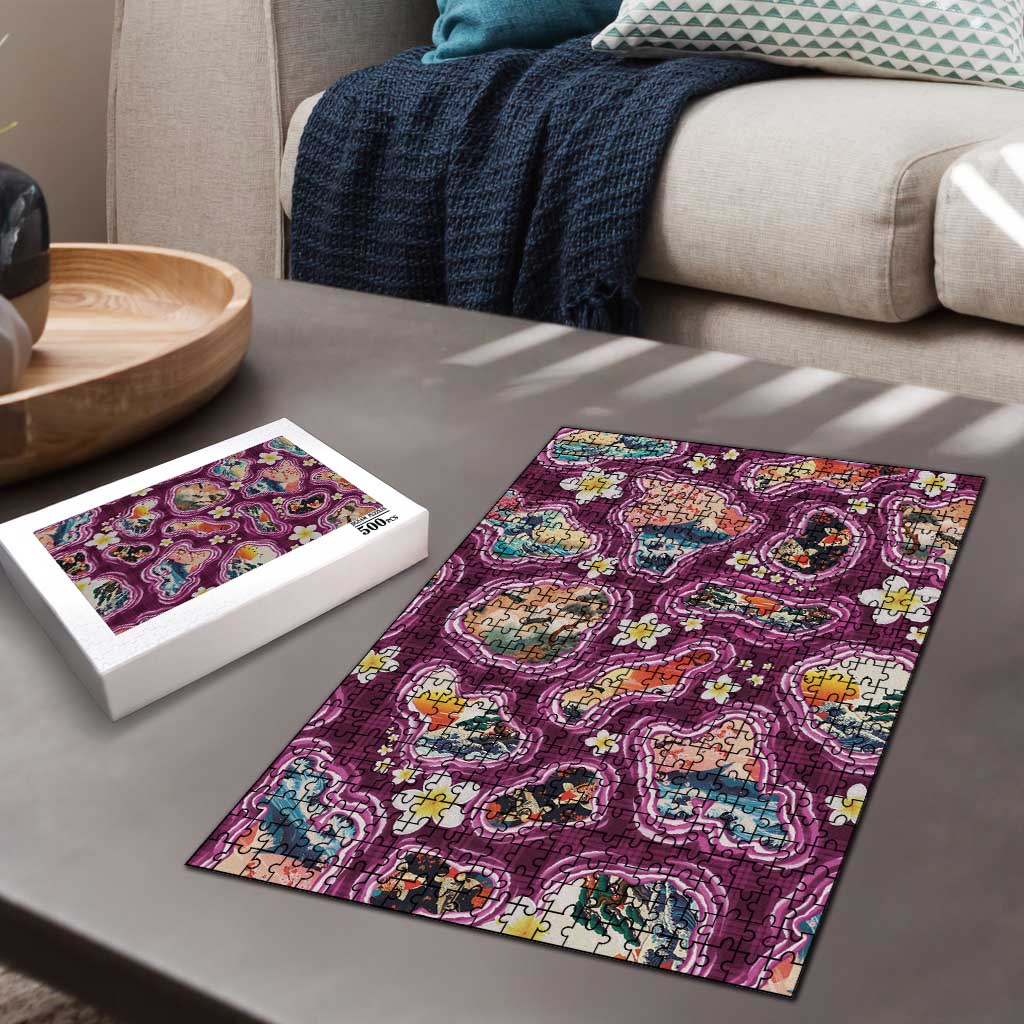 Hawaii Islands Map Design with Japanese Landscape Puzzle Hawaiian Japan Fusion Art Pink Color