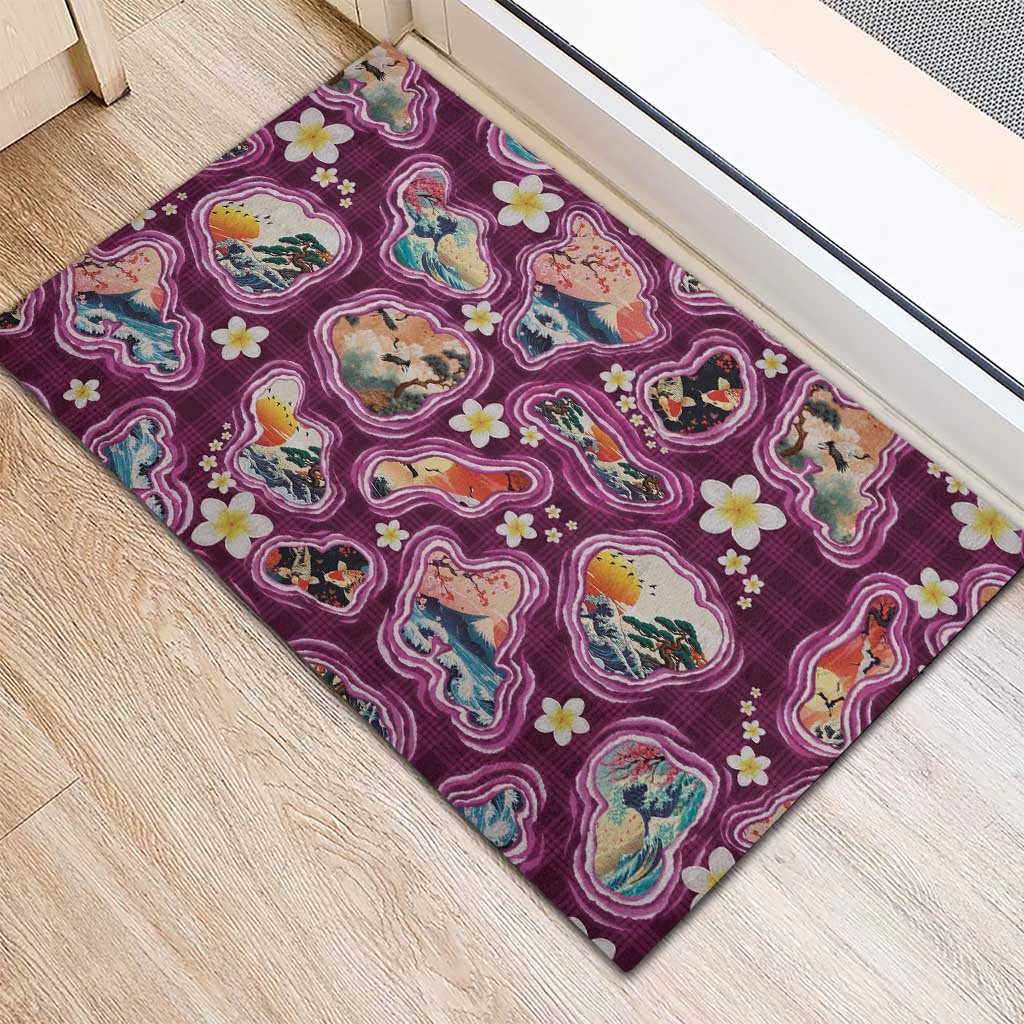 Hawaii Islands Map Design with Japanese Landscape Rubber Doormat Hawaiian Japan Fusion Art Pink Color