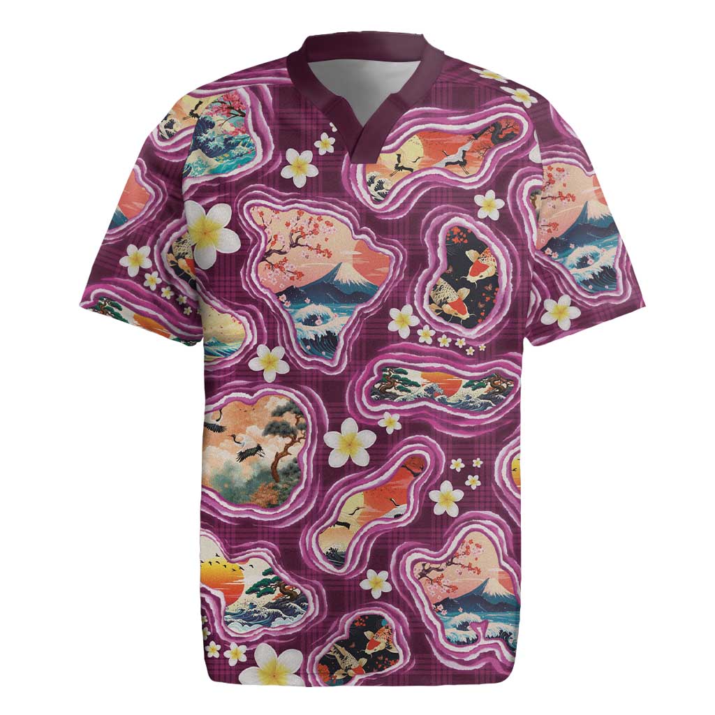 Hawaii Islands Map Design with Japanese Landscape Rugby Jersey Hawaiian Japan Fusion Art Pink Color