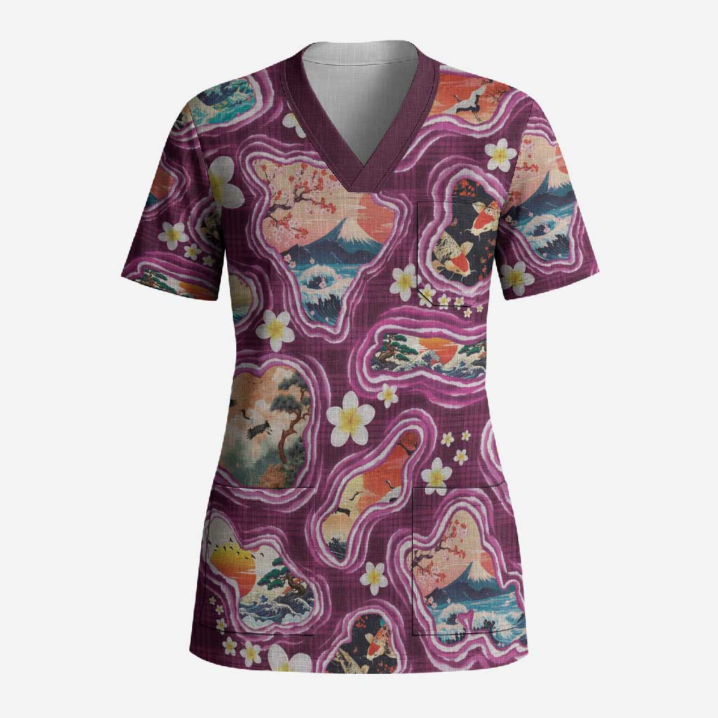 Hawaii Islands Map Design with Japanese Landscape Scrub Top Hawaiian Japan Fusion Art Pink Color LT03 Adult Pink - Polynesian Pride