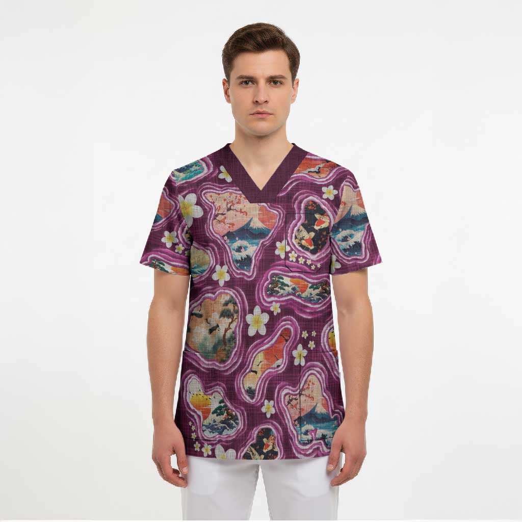 Hawaii Islands Map Design with Japanese Landscape Scrub Top Hawaiian Japan Fusion Art Pink Color
