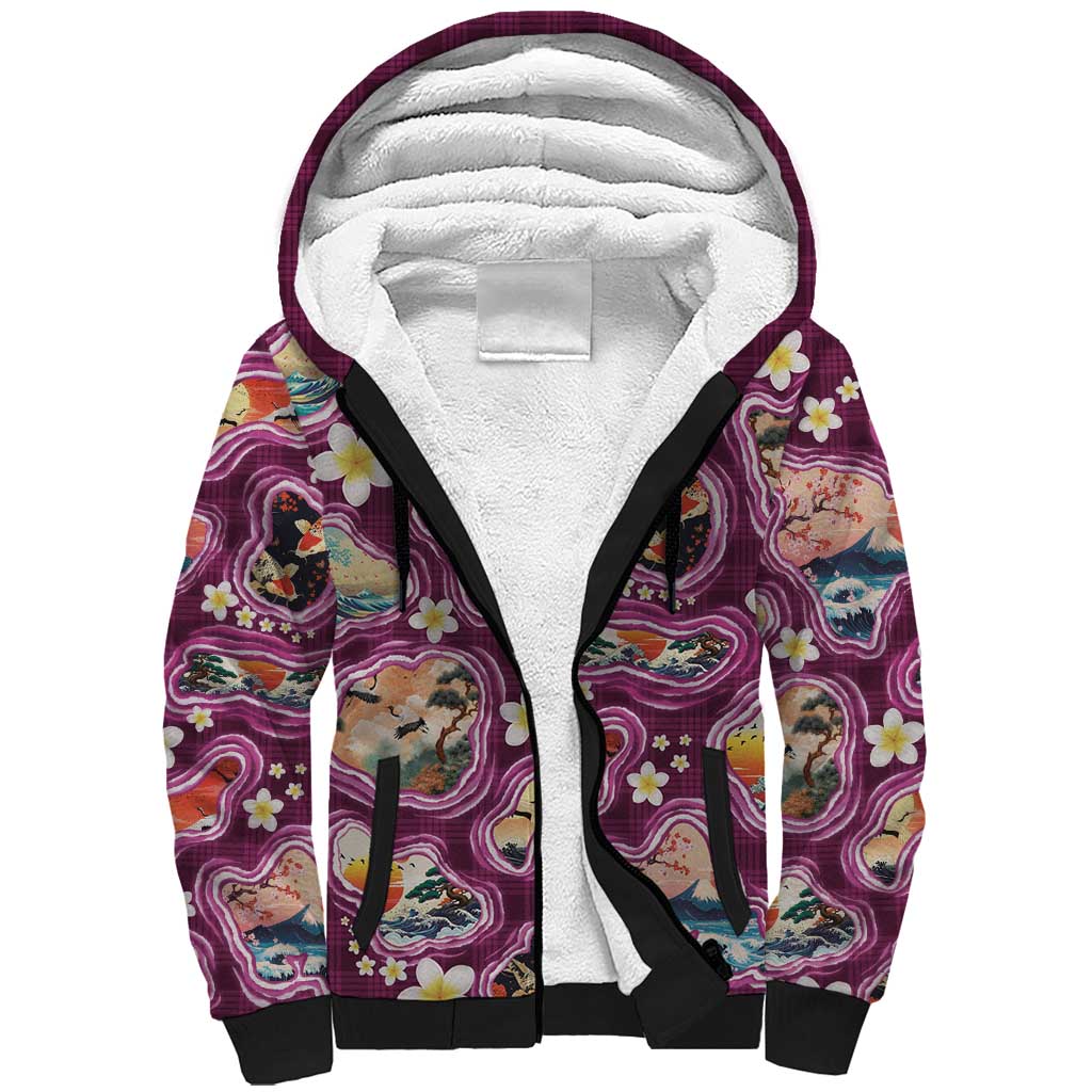 Hawaii Islands Map Design with Japanese Landscape Sherpa Hoodie Hawaiian Japan Fusion Art Pink Color