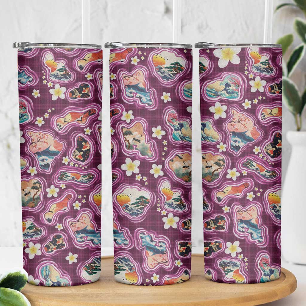 Hawaii Islands Map Design with Japanese Landscape Skinny Tumbler Hawaiian Japan Fusion Art Pink Color