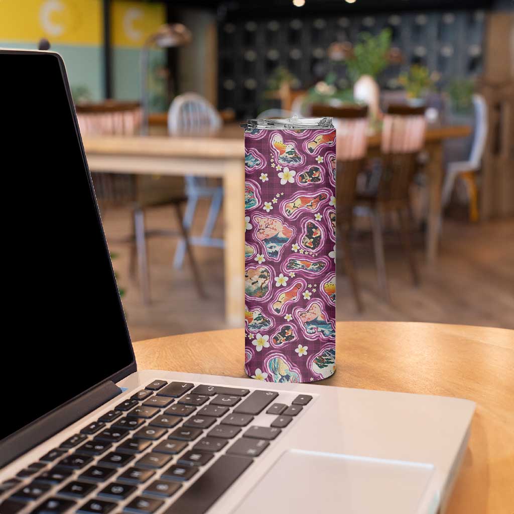 Hawaii Islands Map Design with Japanese Landscape Skinny Tumbler Hawaiian Japan Fusion Art Pink Color