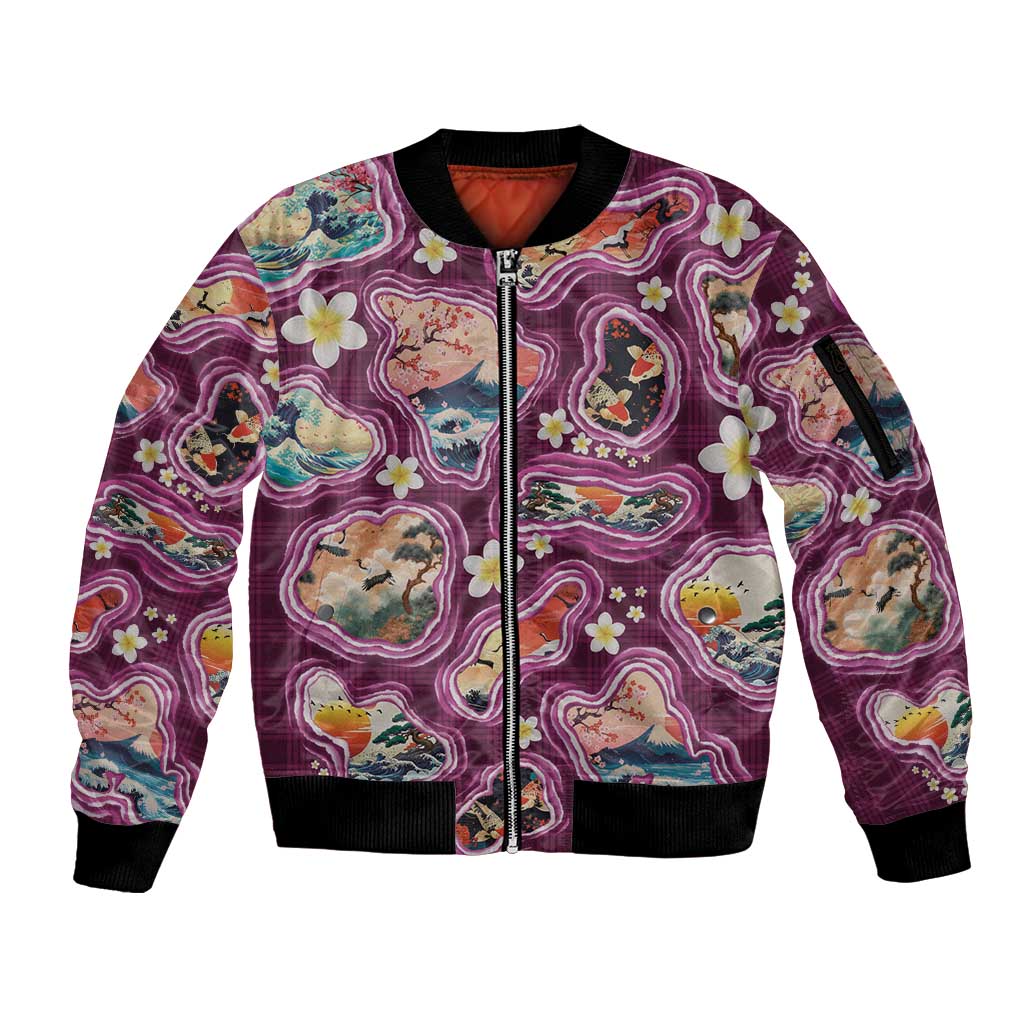 Hawaii Islands Map Design with Japanese Landscape Sleeve Zip Bomber Jacket Hawaiian Japan Fusion Art Pink Color LT03 Unisex Pink - Polynesian Pride