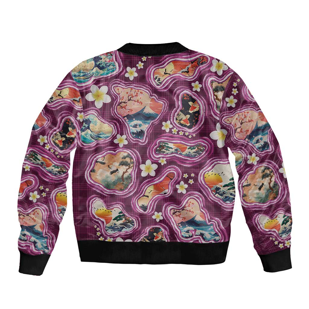 Hawaii Islands Map Design with Japanese Landscape Sleeve Zip Bomber Jacket Hawaiian Japan Fusion Art Pink Color LT03 - Polynesian Pride