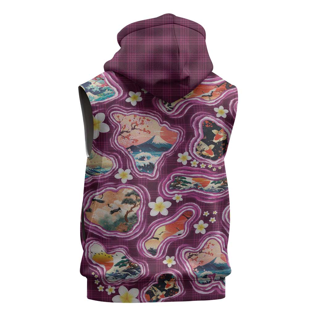 Hawaii Islands Map Design with Japanese Landscape Sleeveless Hoodie Hawaiian Japan Fusion Art Pink Color