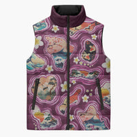 Hawaii Islands Map Design with Japanese Landscape Sleeveless Puffer Jacket Hawaiian Japan Fusion Art Pink Color