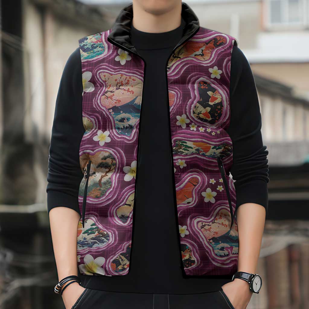 Hawaii Islands Map Design with Japanese Landscape Sleeveless Puffer Jacket Hawaiian Japan Fusion Art Pink Color