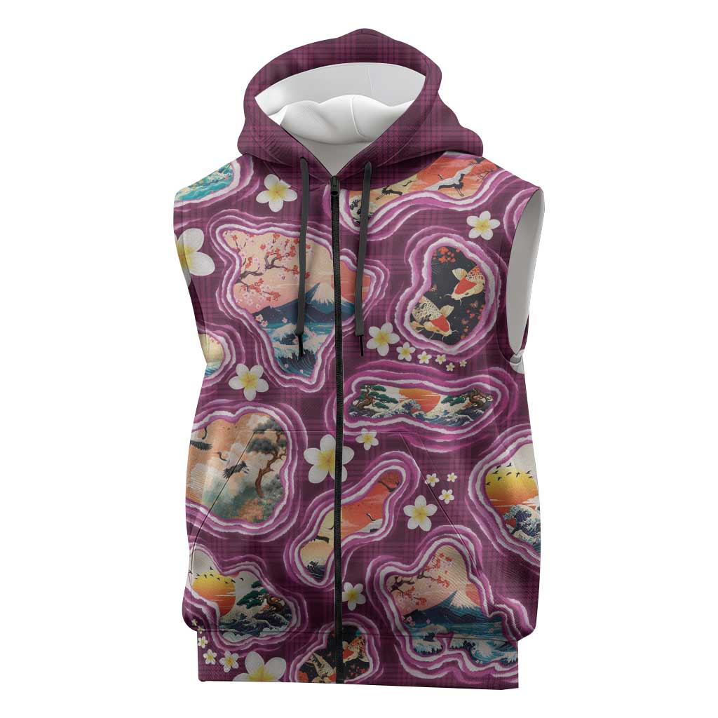 Hawaii Islands Map Design with Japanese Landscape Sleeveless Zip Hoodie Hawaiian Japan Fusion Art Pink Color LT03 Pink - Polynesian Pride