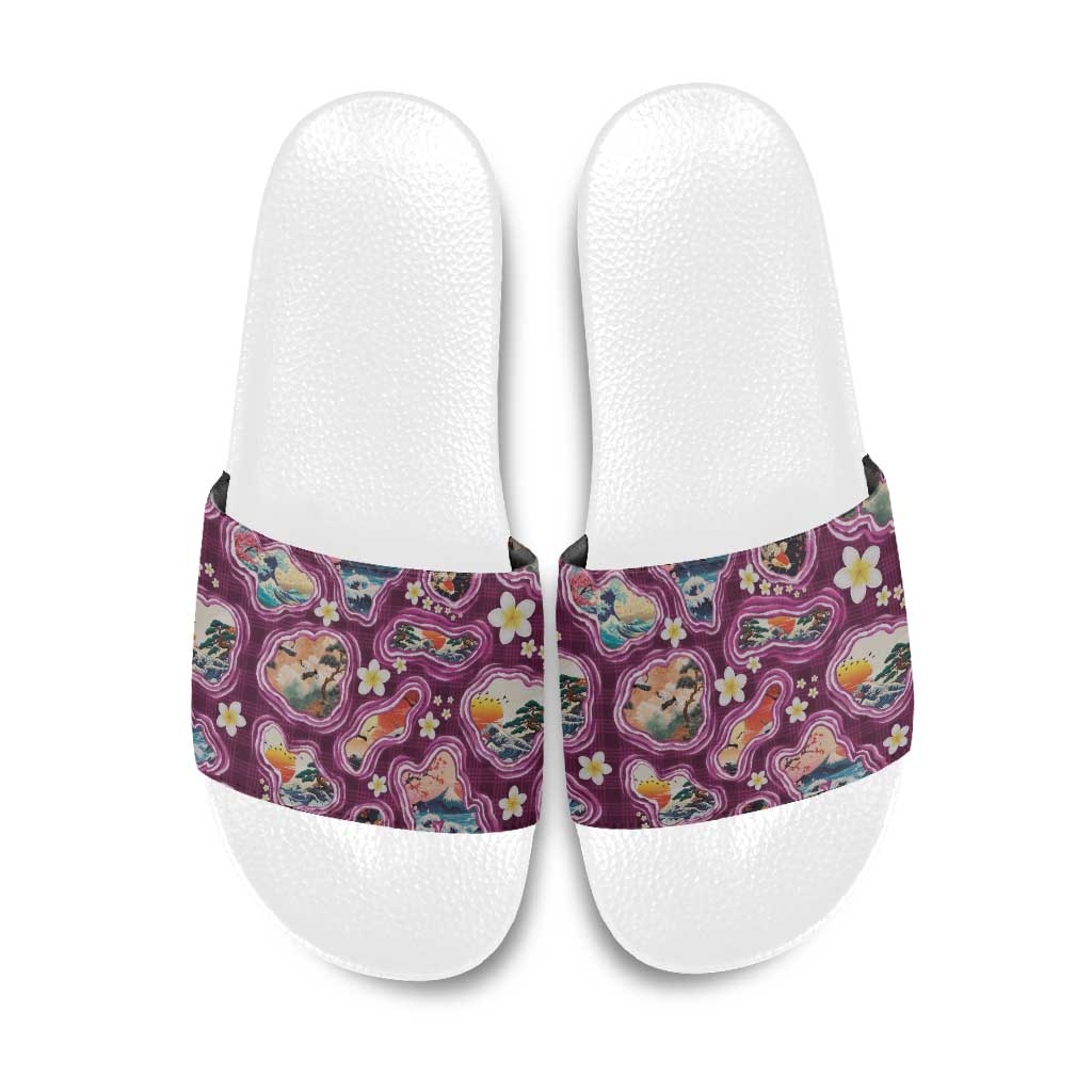 Hawaii Islands Map Design with Japanese Landscape Slide Sandals Hawaiian Japan Fusion Art Pink Color