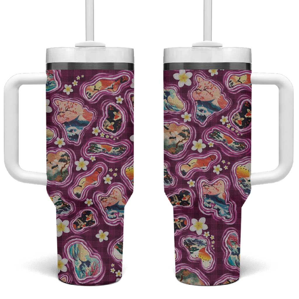 Hawaii Islands Map Design with Japanese Landscape Tumbler With Handle Hawaiian Japan Fusion Art Pink Color LT03 One Size: 40 oz Pink - Polynesian Pride