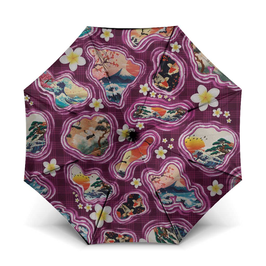 Hawaii Islands Map Design with Japanese Landscape Umbrella Hawaiian Japan Fusion Art Pink Color