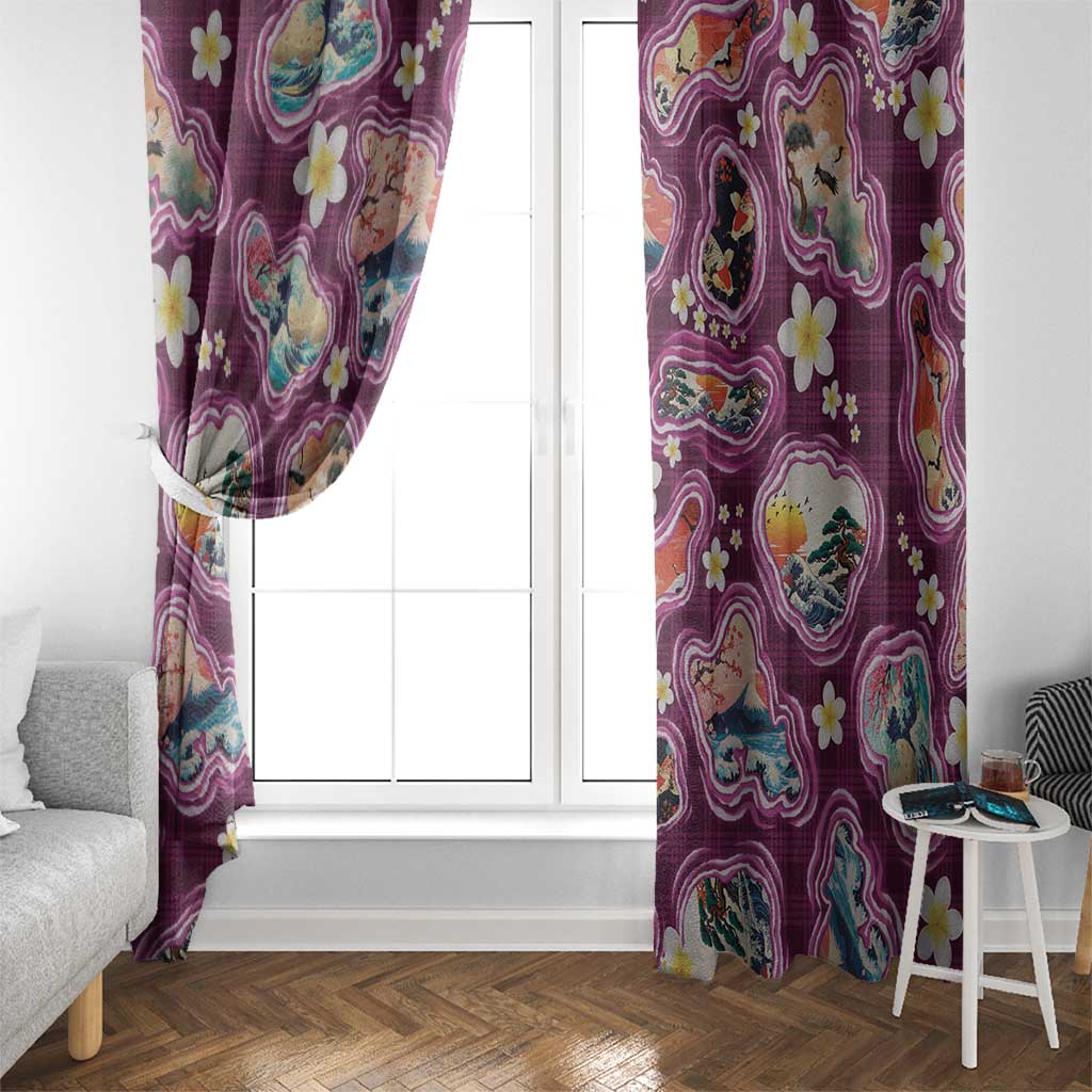 Hawaii Islands Map Design with Japanese Landscape Window Curtain Hawaiian Japan Fusion Art Pink Color