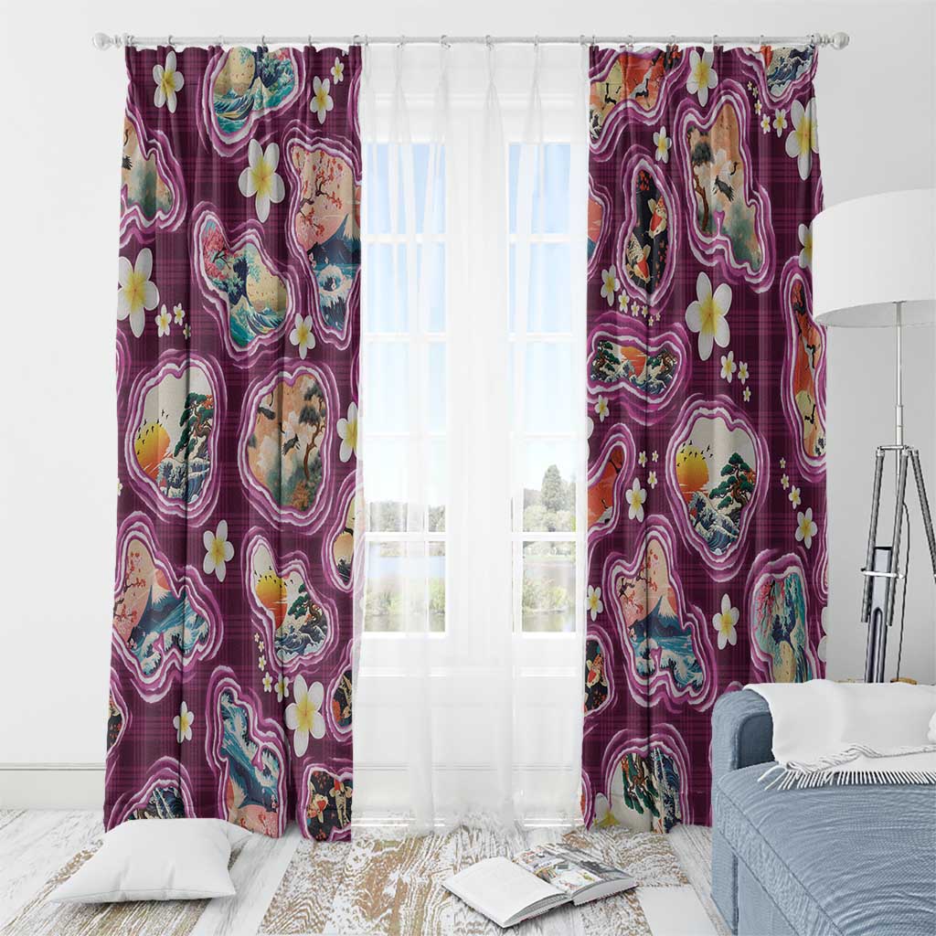 Hawaii Islands Map Design with Japanese Landscape Window Curtain Hawaiian Japan Fusion Art Pink Color