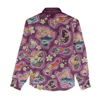 Hawaii Islands Map Design with Japanese Landscape Women Casual Shirt Hawaiian Japan Fusion Art Pink Color
