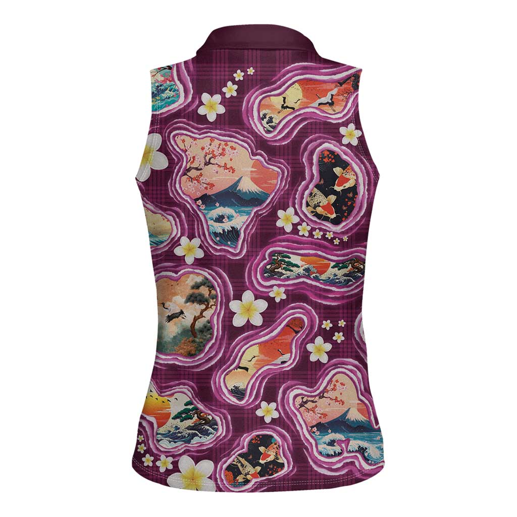 Hawaii Islands Map Design with Japanese Landscape Women Sleeveless Polo Shirt Hawaiian Japan Fusion Art Pink Color
