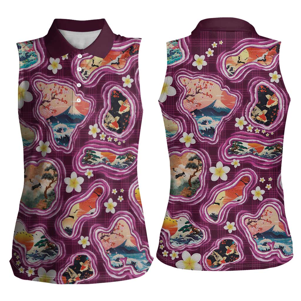 Hawaii Islands Map Design with Japanese Landscape Women Sleeveless Polo Shirt Hawaiian Japan Fusion Art Pink Color