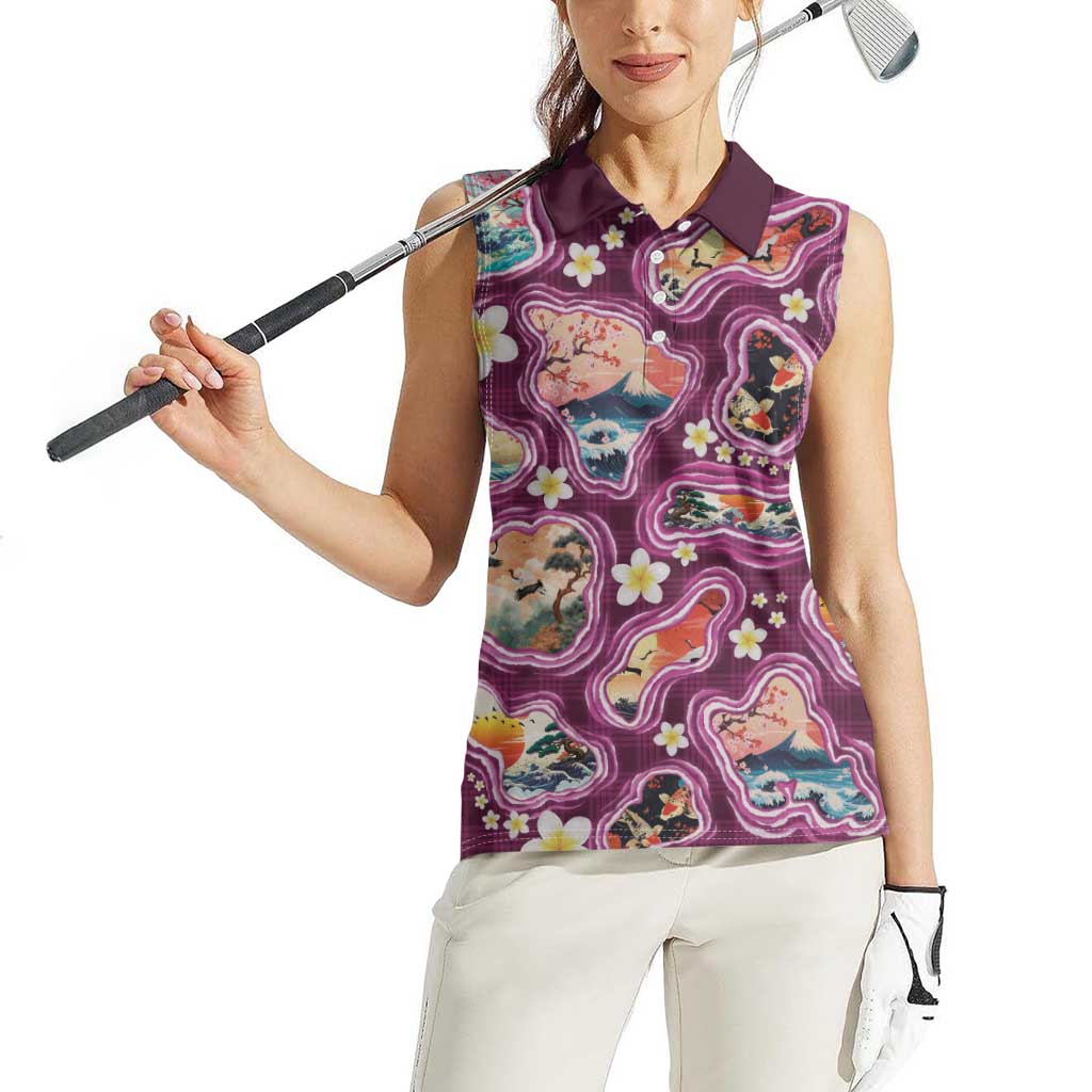 Hawaii Islands Map Design with Japanese Landscape Women Sleeveless Polo Shirt Hawaiian Japan Fusion Art Pink Color