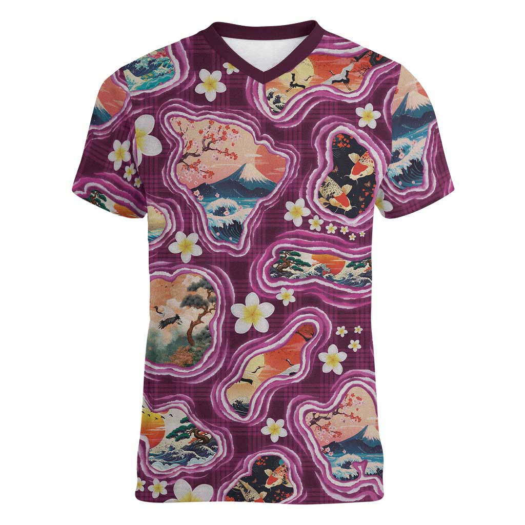 Hawaii Islands Map Design with Japanese Landscape Women V-Neck T-Shirt Hawaiian Japan Fusion Art Pink Color