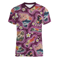 Hawaii Islands Map Design with Japanese Landscape Women V-Neck T-Shirt Hawaiian Japan Fusion Art Pink Color
