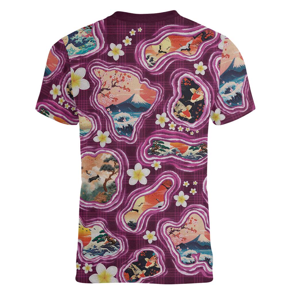 Hawaii Islands Map Design with Japanese Landscape Women V-Neck T-Shirt Hawaiian Japan Fusion Art Pink Color