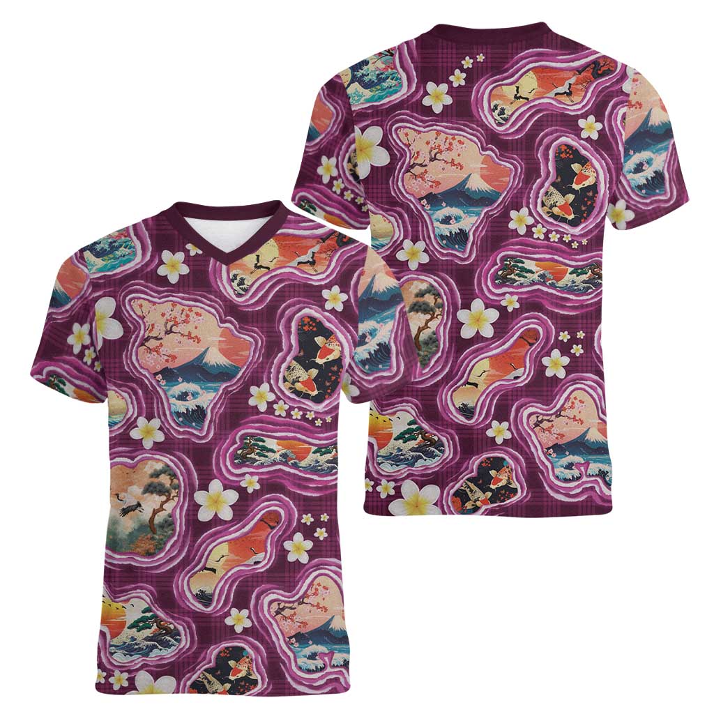 Hawaii Islands Map Design with Japanese Landscape Women V-Neck T-Shirt Hawaiian Japan Fusion Art Pink Color