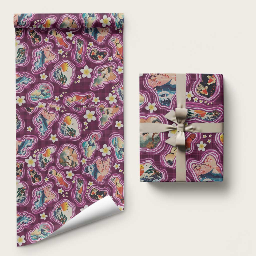 Hawaii Islands Map Design with Japanese Landscape Wrapping Paper Hawaiian Japan Fusion Art Pink Color