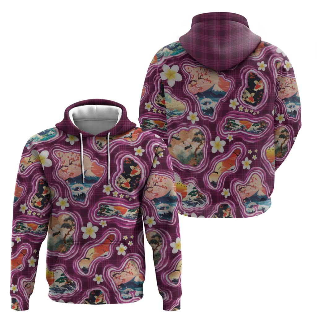 Hawaii Islands Map Design with Japanese Landscape Zip Hoodie Hawaiian Japan Fusion Art Pink Color