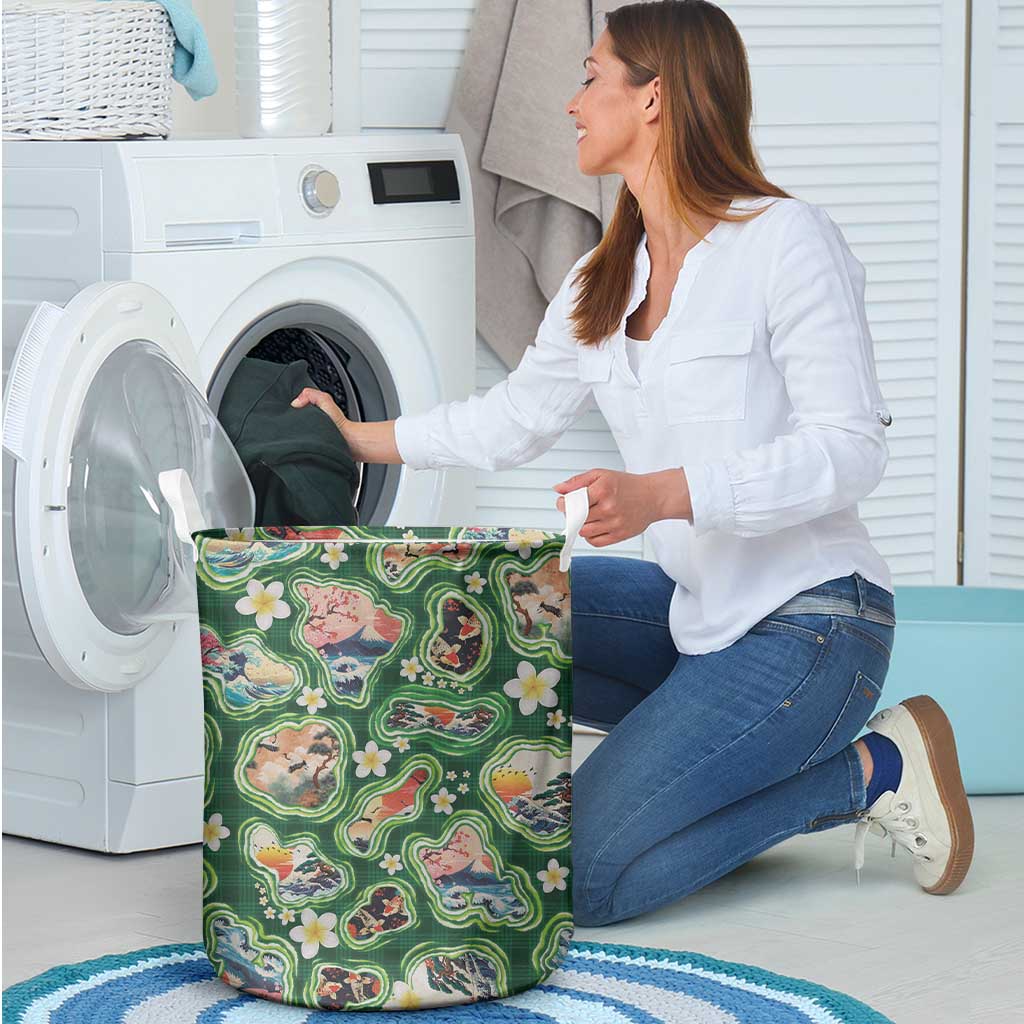 Hawaiian and Japanese Culture Together Laundry Basket Hawaiian Island Shapes with Japanese Landscape Green Color