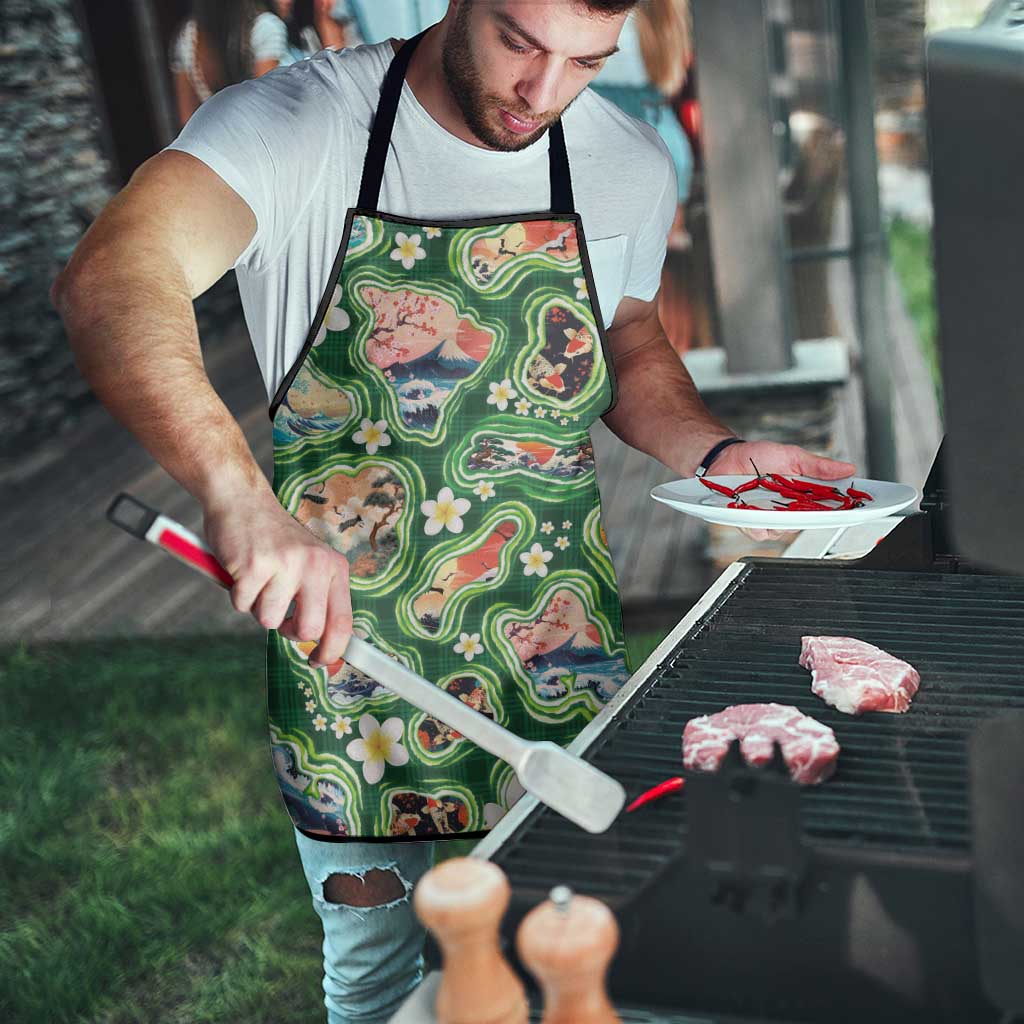 Hawaiian and Japanese Culture Together Apron Hawaiian Island Shapes with Japanese Landscape Green Color