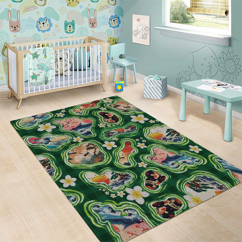 Hawaiian and Japanese Culture Together Area Rug Hawaiian Island Shapes with Japanese Landscape Green Color