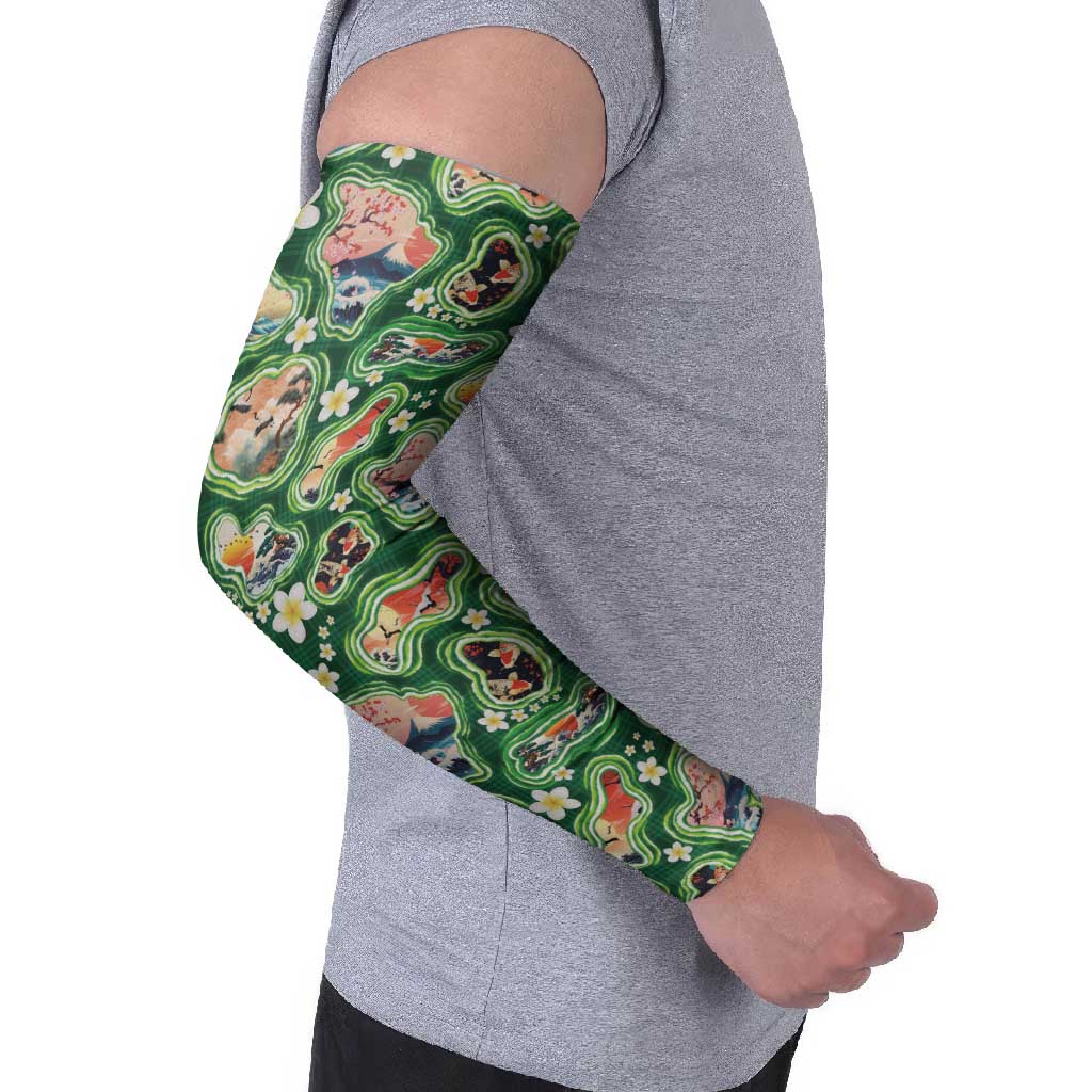 Hawaiian and Japanese Culture Together Arm Sleeves Hawaiian Island Shapes with Japanese Landscape Green Color
