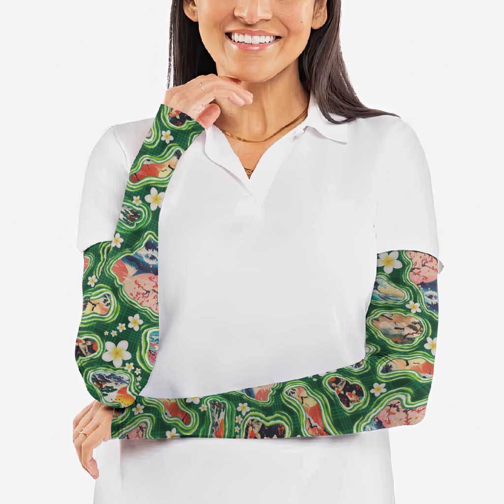 Hawaiian and Japanese Culture Together Arm Sleeves Hawaiian Island Shapes with Japanese Landscape Green Color