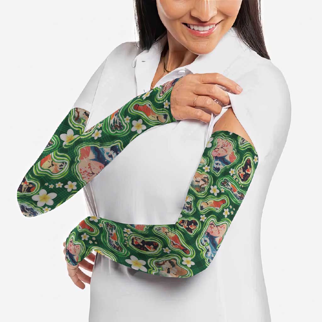 Hawaiian and Japanese Culture Together Arm Sleeves Hawaiian Island Shapes with Japanese Landscape Green Color