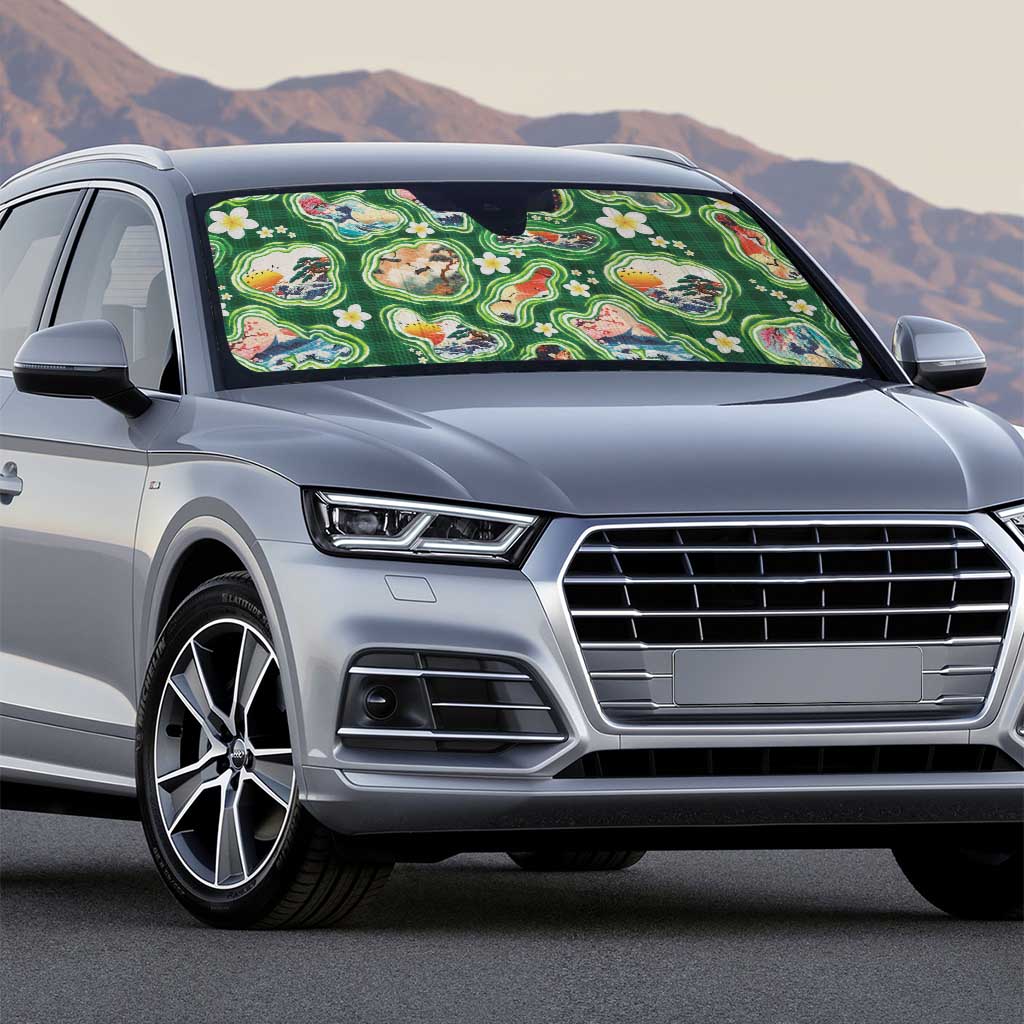 Hawaiian and Japanese Culture Together Auto Sun Shade Hawaiian Island Shapes with Japanese Landscape Green Color